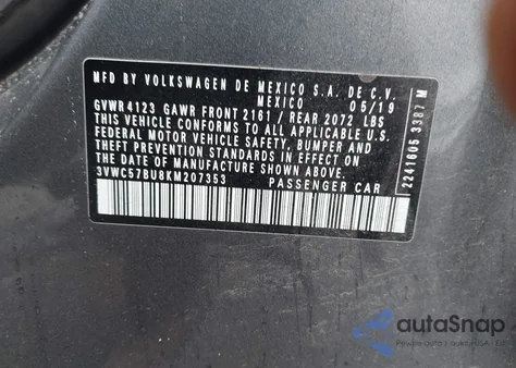 2019 Volkswagen Jetta 1.4T R-Line/1.4T S/1.4T Se z USA, uszkodzony, nr VIN 3VWC57BU8KM207353